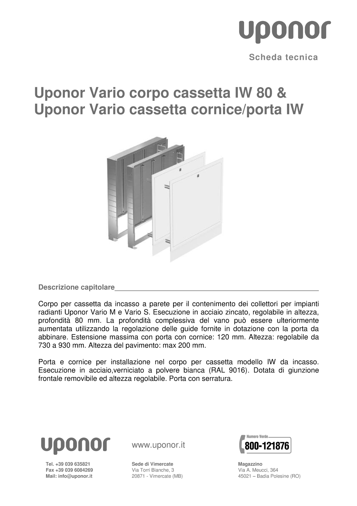 UPONOR - CASSETTA INCASSO 80x730x1000