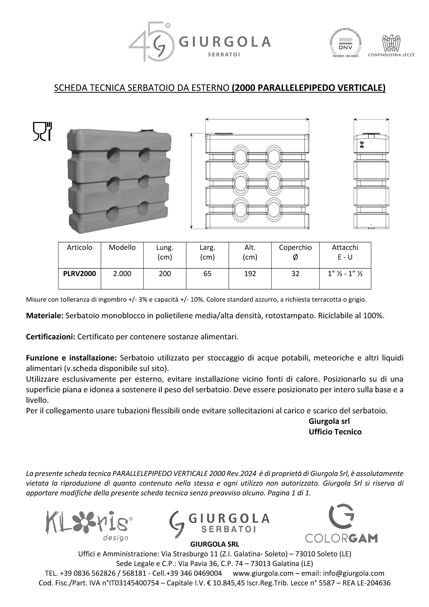 GIURGOLA - SERBATOIO POLIETILENE PARALLELO VERTICALE LT 2000